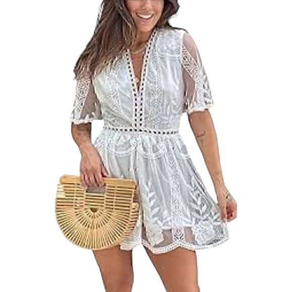 Alythea Sheer Embroidered Neutral Feminine Cottagecore Dress Shorts Romper - Picture 4 of 10
